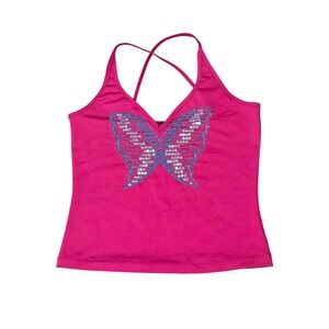 Moda International VS Y2K Butterfly beaded pink fairy halter top sz S Sequin VTG